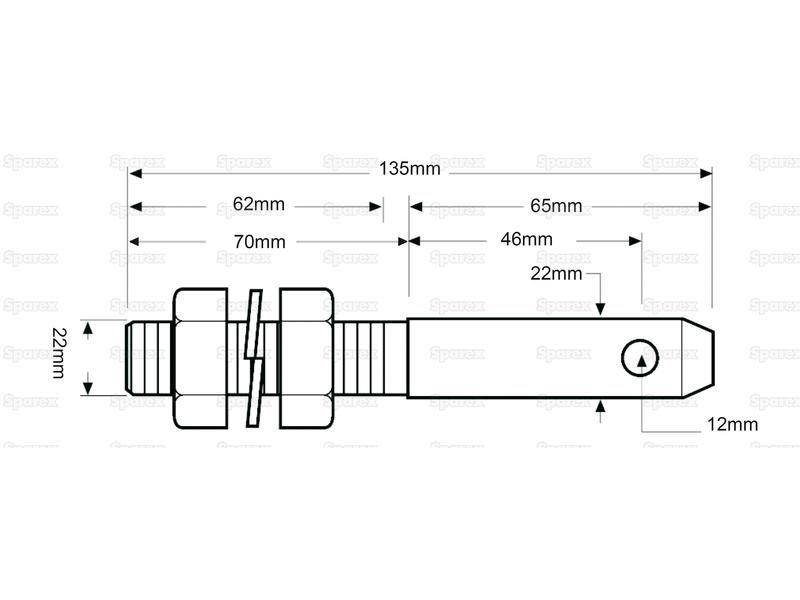 Lower link implement pin 22x135mm, Thread size 7/8''x70mm Cat. 1