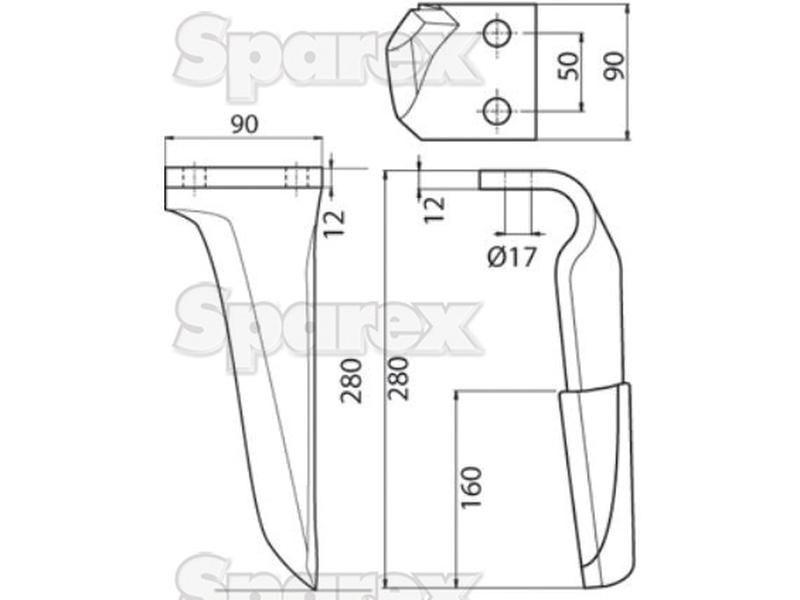 Hardfaced Power Harrow Blade 90x12x280mm LH. Hole centres: 50mm. Hole Ø 17mm. Replacement for Kverneland. for Maschio