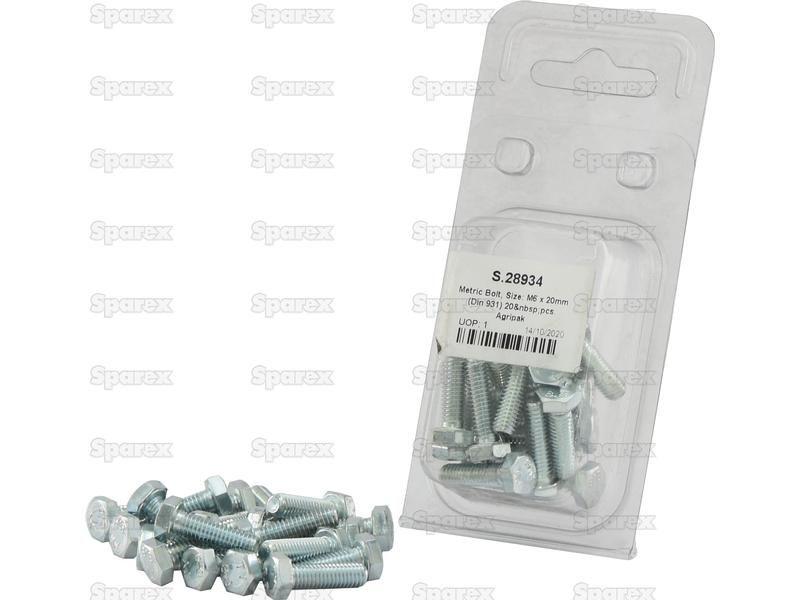 Metric Bolt, Size: M6 x 20mm (Din 931) 20 pcs. Agripak