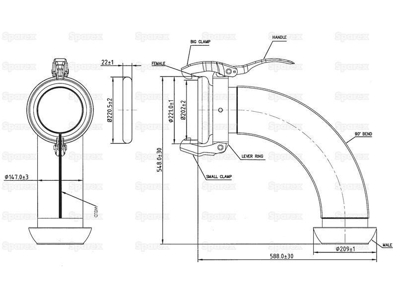 90° Coupling Female & Male - 6'' (159mm) (Galvanised)