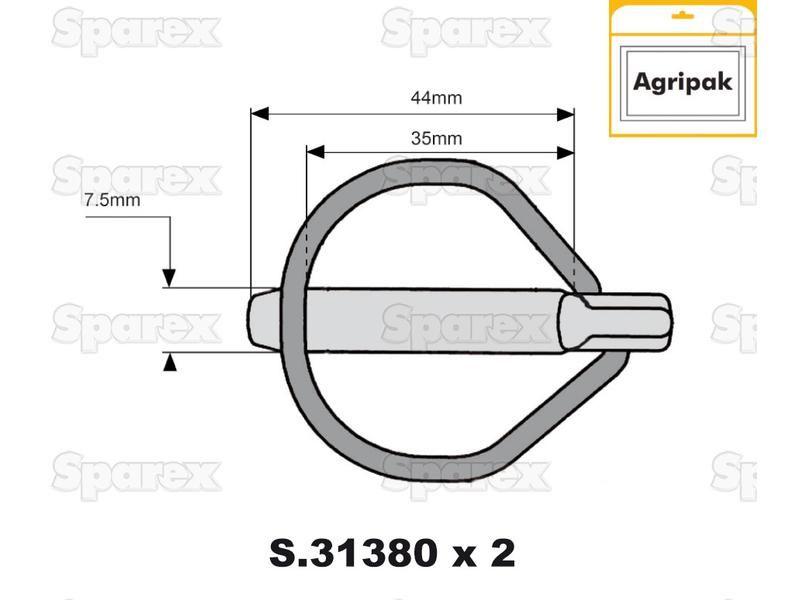 Rubig Safety Linch Pin, Pin Ø7.5mm x 44mm (2 pcs. Agripak)