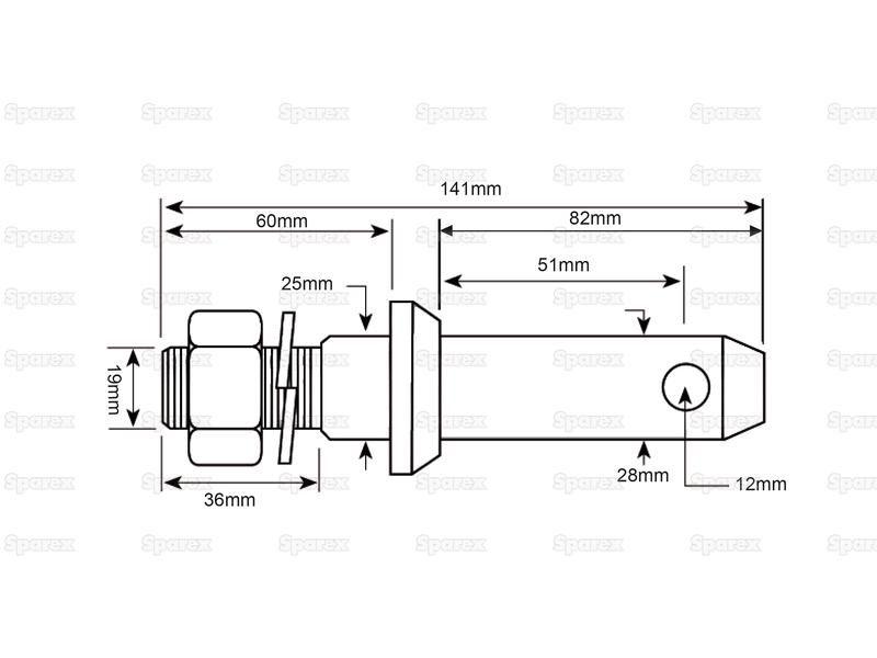 Lower link implement pin 28x141mm, Thread size 3/4x36mm Cat. 2