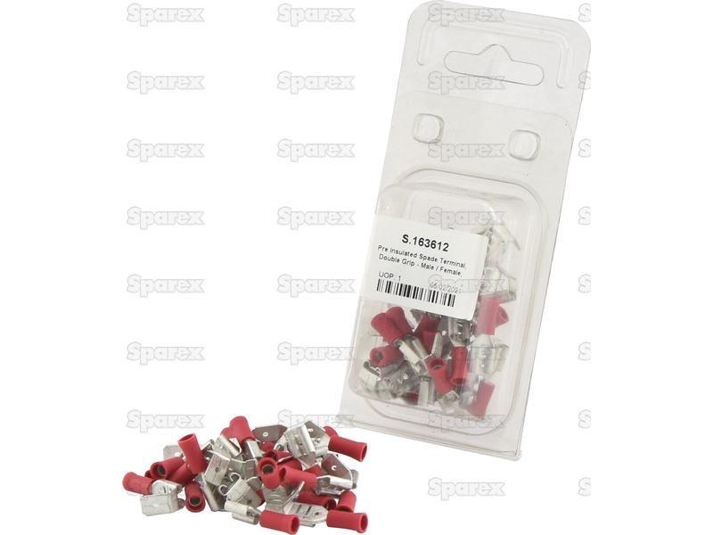 Pre Insulated Spade Terminal, Double Grip - Male / Female, 6.3mm, Red (0.5 - 1.5mm) (Agripak 25 pcs.)