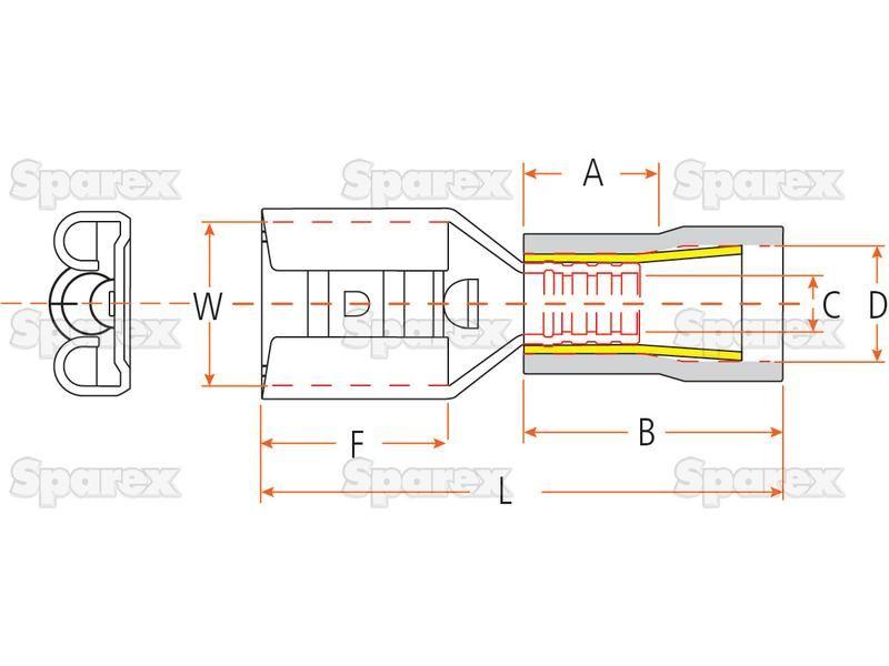Pre Insulated Spade Terminal, Double Grip - Female, 9.5mm, Yellow (4.0 - 6.0mm)