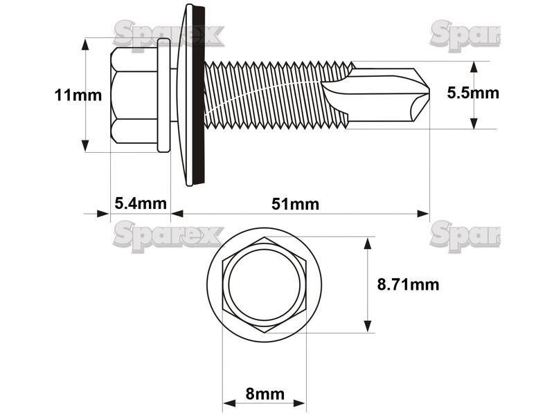 Hexagon Head Self Fixing (TEK) Screw, Size: 5.5 x 51mm (Din 7504K)