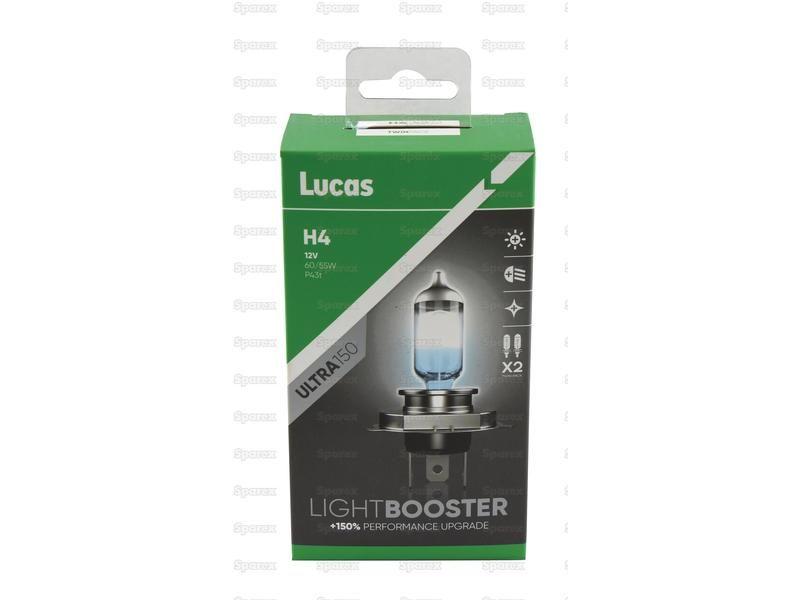 Halogen Lightbooster Ultra150 Head Light, H4, Twin Pack, 12V, 60/55W Lucas (LLX472CLX2)