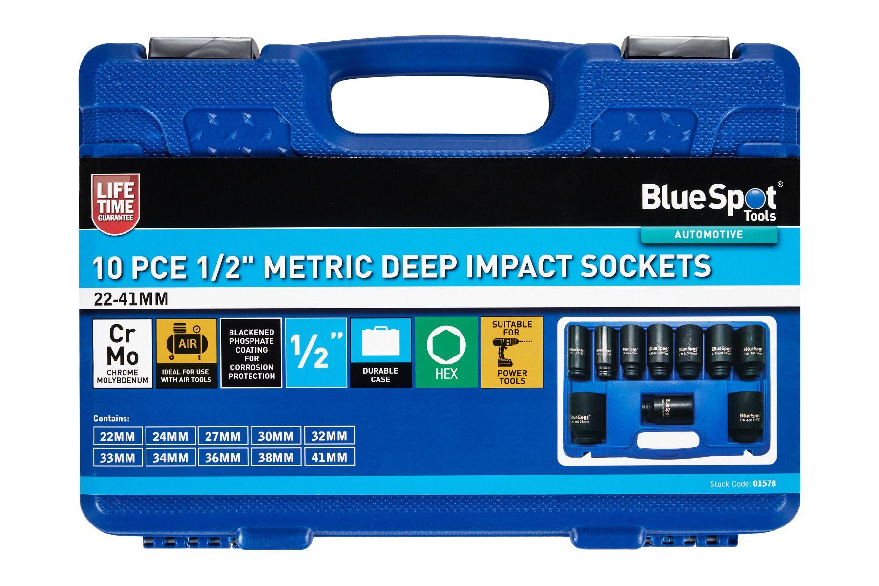 Blue Spot Tools 10 PCE 1/2" Metric Deep Impact Sockets (22mm-41mm)