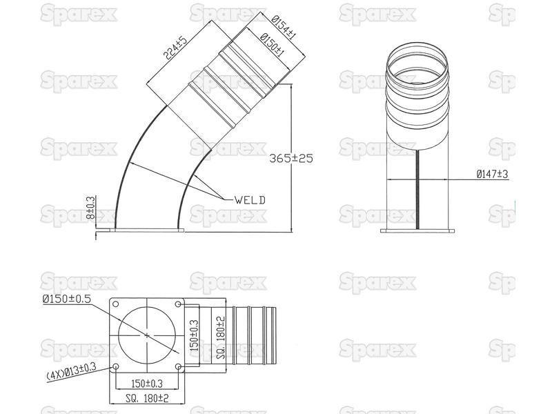 45° Pipe with Flange and Hose End 6'' (150mm) x (150mm) (Galvanised)