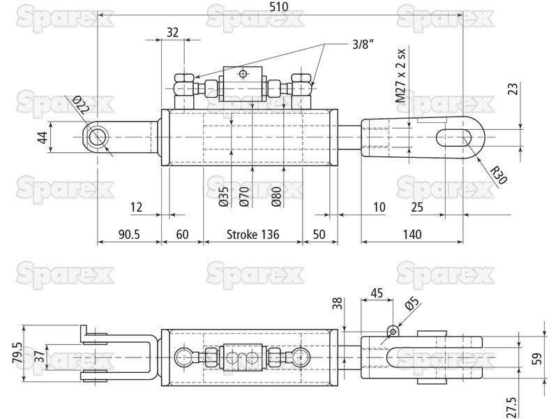 Hydraulic Levelling Box (Supplied with: Hoses), Min. Length: 510mm, Cylinder Bore: 70mm. for Steyr 4105 KOMPAKT