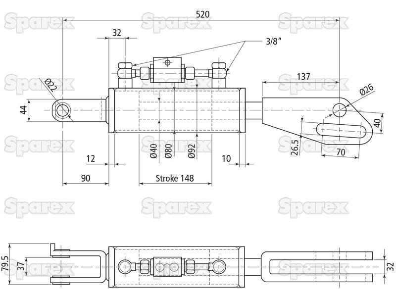 Hydraulic Levelling Box (Supplied with: Hoses), Min. Length: 520mm, Cylinder Bore: 80mm. for Ford New Holland