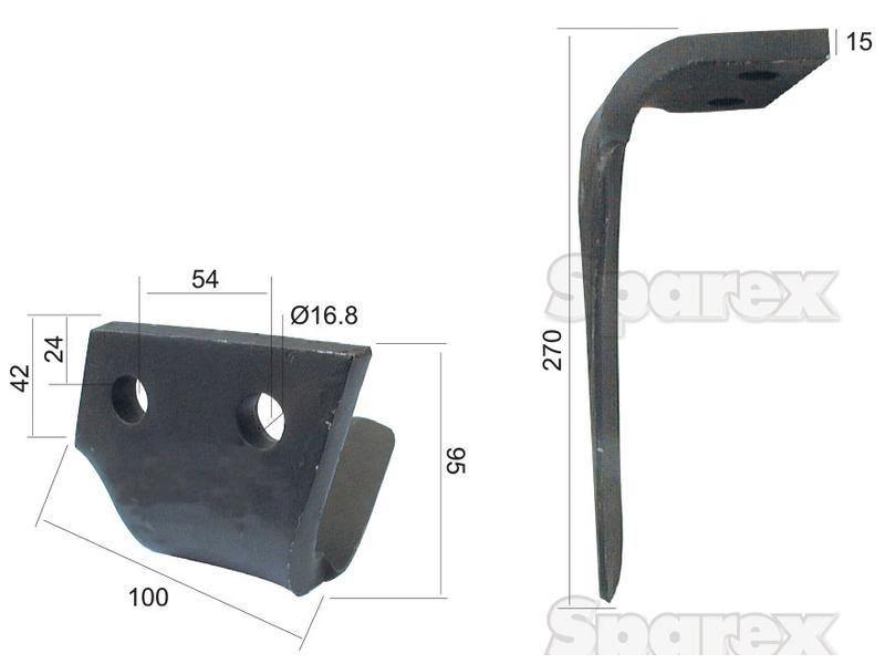 Power Harrow Blade 100x15x270mm LH. Hole centres: 54mm. Hole Ø 17mm. Replacement forPerugini (Concept-Ransome). for Perugini