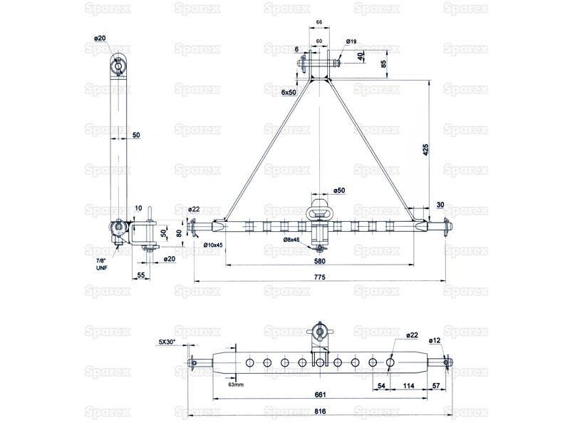 Drawbar Hitch System (Cat. 1) No. holes: 9, 775mm.