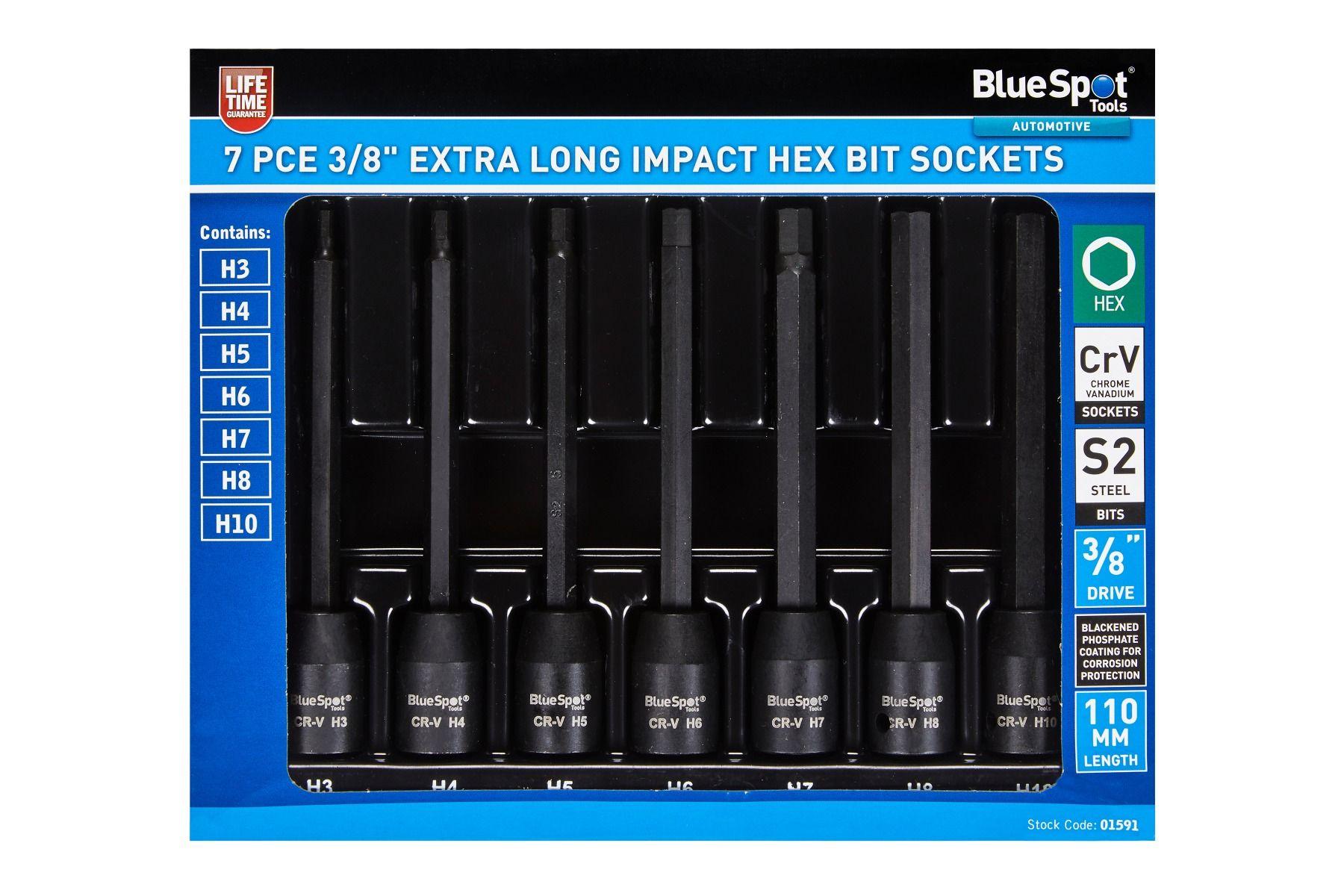 Blue Spot Tools 7 PCE Extra Long 3/8" Impact Hex Bit Sockers H3-H10