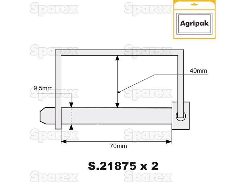 Shaft Locking Pin, Pin Ø9.5mm x 70mm (2 pcs. Agripak)