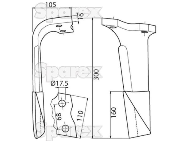 Hardfaced Power Harrow Blade 110x16x310mm LH. Hole centres: 68mm. Hole Ø 17mm. Replacement for Kuhn. for Kuhn HR1001