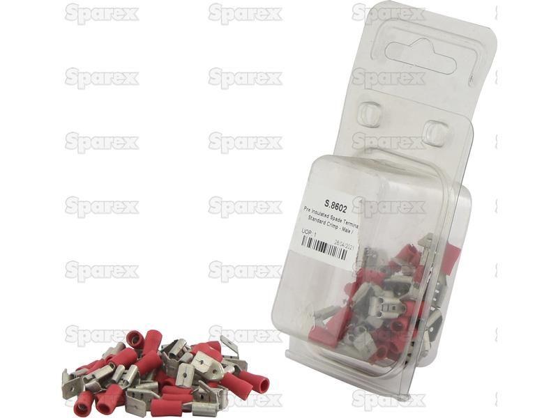 Pre Insulated Spade Terminal, Standard Crimp - Male / Female, 6.3mm, Red (0.5 - 1.5mm) (Agripak 25 pcs.)