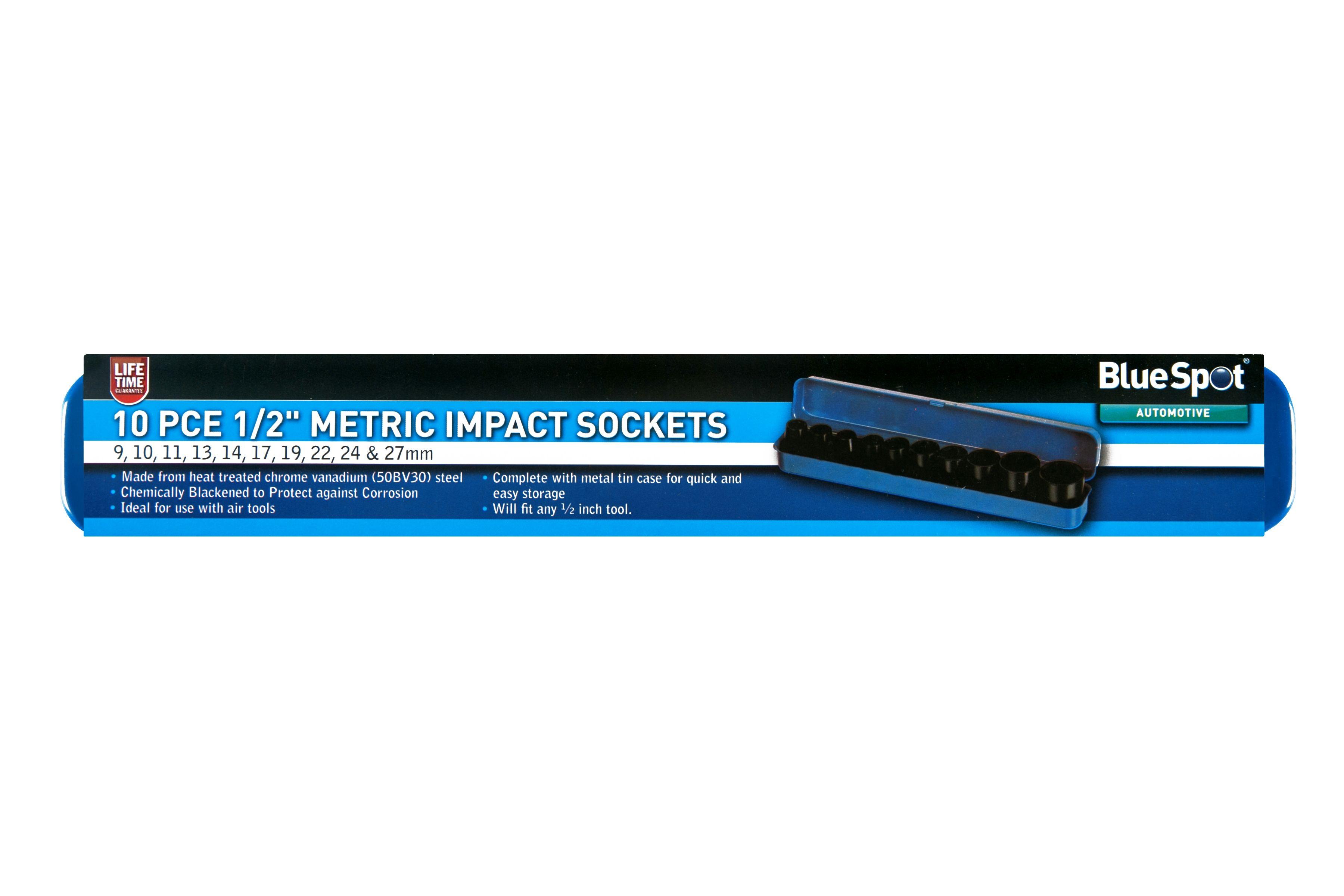 Blue Spot Tools 10 PCE 1/2" Metric Impact Sockets (9-27mm)