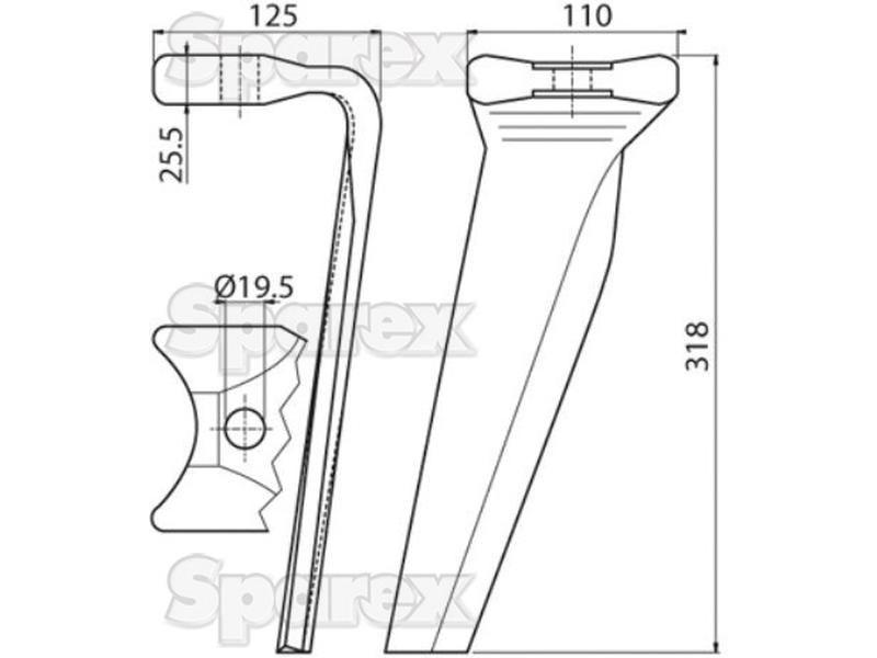 Power Harrow Blade 110x25.5x318mm RH. Hole centres: mm. Hole Ø 19.5mm. Replacement forKuhn. for Kuhn VARIOUS