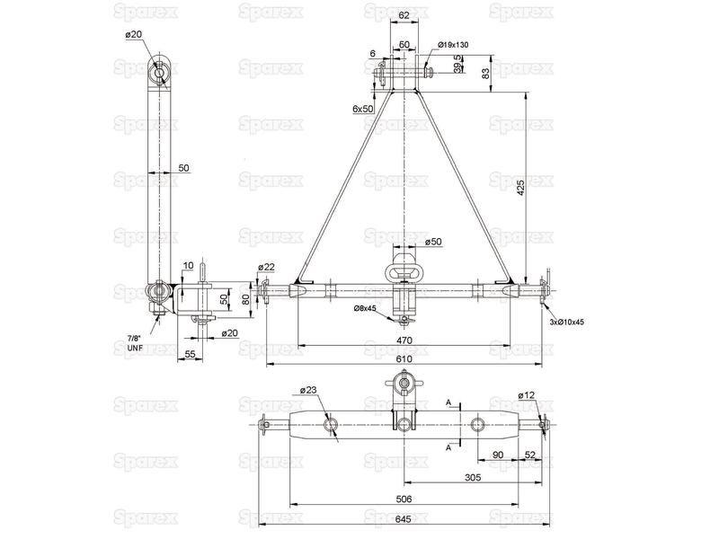 Drawbar Hitch System (Cat. 1) No. holes: 3, 610mm.