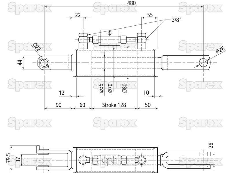 Hydraulic Levelling Box (Supplied with: Hoses), Min. Length: 480mm, Cylinder Bore: 70mm. for Ford New Holland