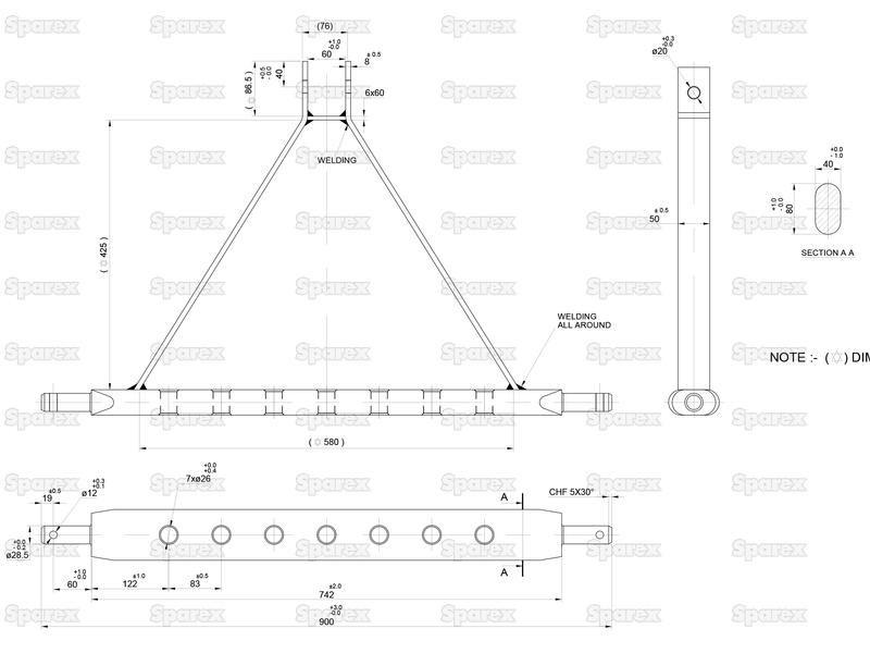 Drawbar Hitch System (Cat. 2) No. holes: 7, 862mm.