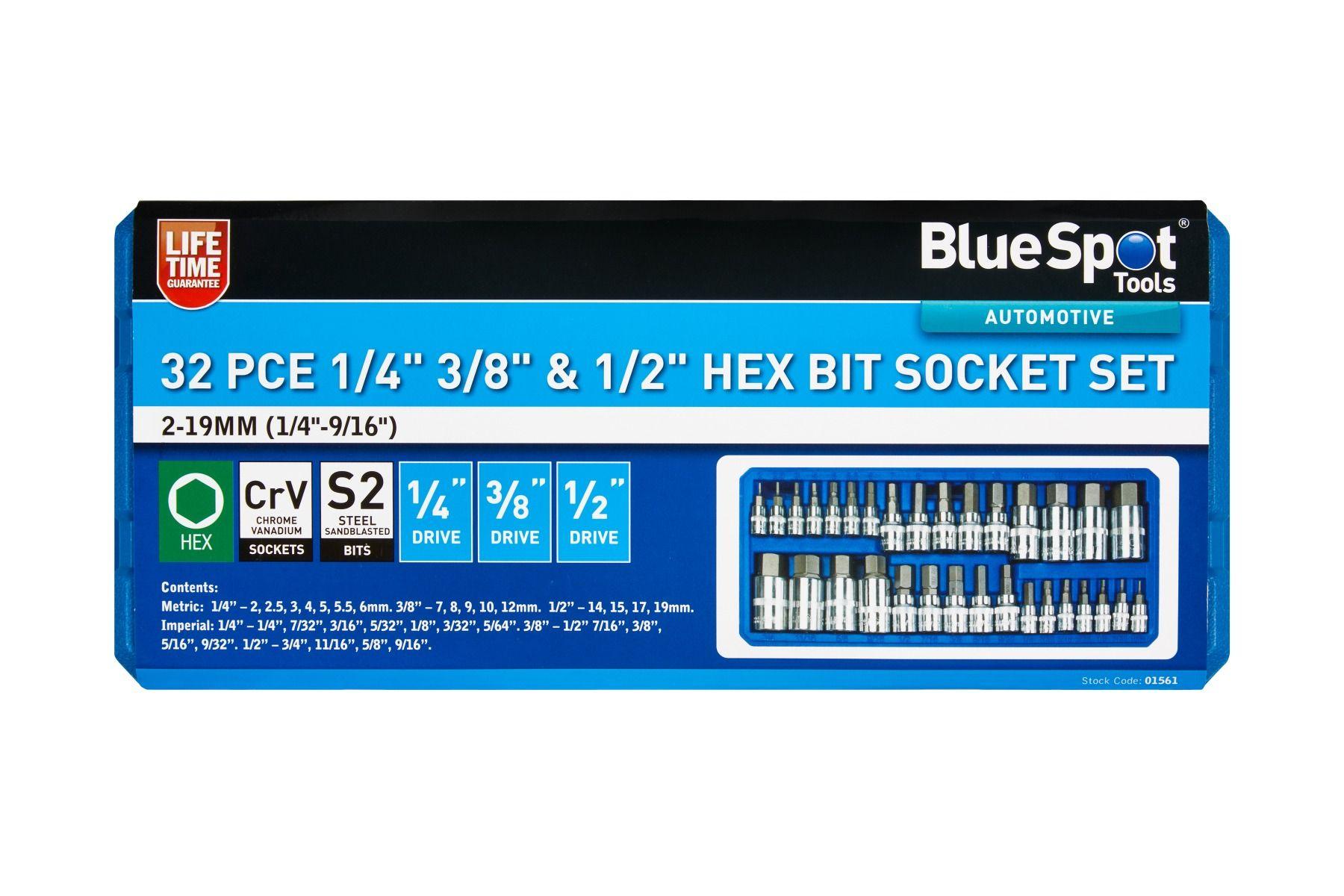 Blue Spot Tools 32 PCE 1/4" 3/8" & 1/2" Hex Bit Socket Set (2-19mm) (1/4"-9/16")