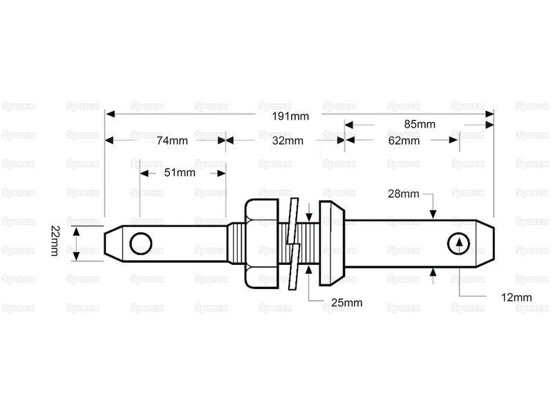 Lower link implement pin dual 22 - 28x191mm, Thread size 1x32mm Thread size 1/2