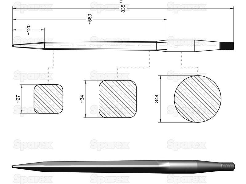 Loader Tine - Straight 835mm, Thread size: M27 x 1.5 (Square) for Mammut
