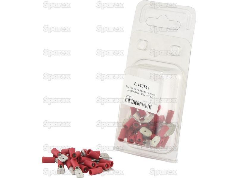 Pre Insulated Spade Terminal, Double Grip - Male, 6.3mm, Red (0.5 - 1.5mm) (Agripak 25 pcs.)