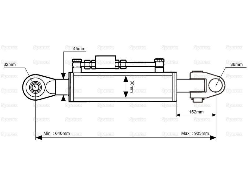 Hydraulic Top Link (Cat.36mm/3) Knuckle and Ball, Cylinder Bore: 90mm, Min. Length : 640mm.