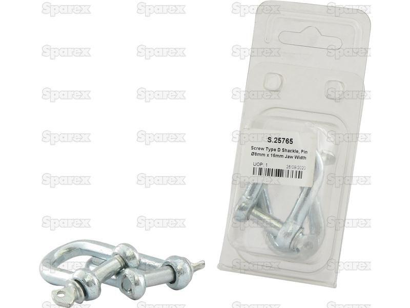 Screw Type D Shackle, Pin Ø8mm x 16mm Jaw Width (2 pcs. Agripak)