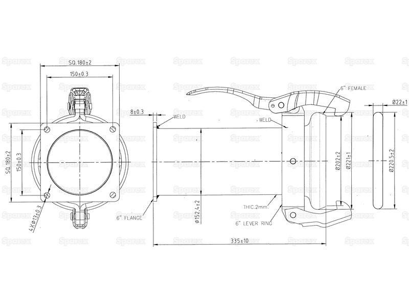 Coupling with Square Flange Long - Female 6'' (159mm) x 6'' (150mm) (Galvanised)