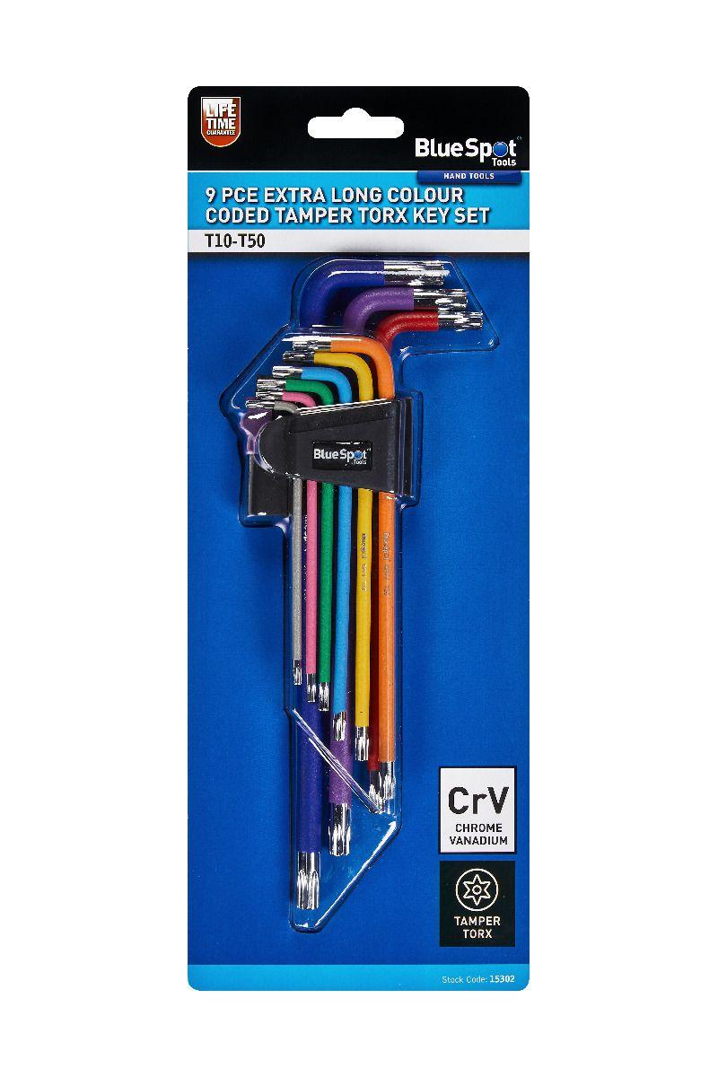 Blue Spot Tools 9 PCE Extra Long Colour Coded Tamper Torx Key Set (T10-T50)
