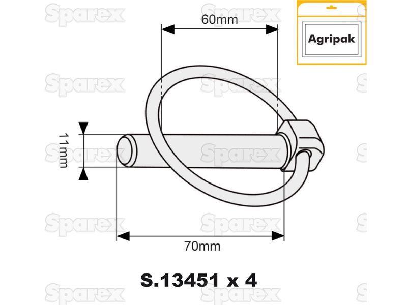 Round Linch Pin, Pin Ø11mm x 70mm (4 pcs. Agripak)