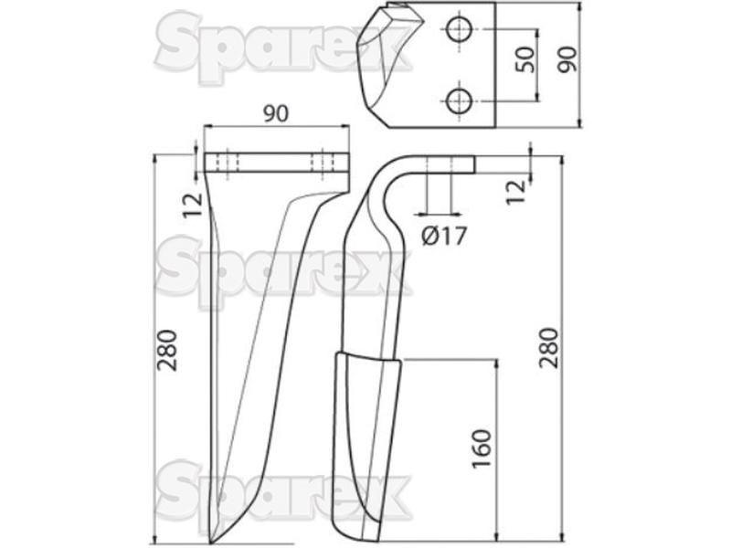 Hardfaced Power Harrow Blade 90x12x280mm RH. Hole centres: 50mm. Hole Ø 17mm. Replacement for Kverneland, Maschio. for Maschio