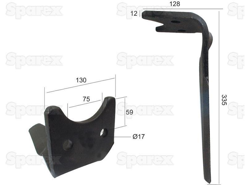 Power Harrow Blade 130x12x335mm RH. Hole centres: 75mm. Hole Ø 17mm. Replacement forAmazone. for Amazone