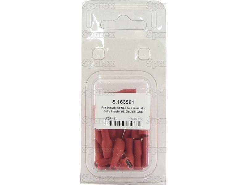 Pre Insulated Spade Terminal - Fully Insulated, Double Grip - Female, 6.3mm, Red (0.5 - 1.5mm), (Agripak 25 pcs.)