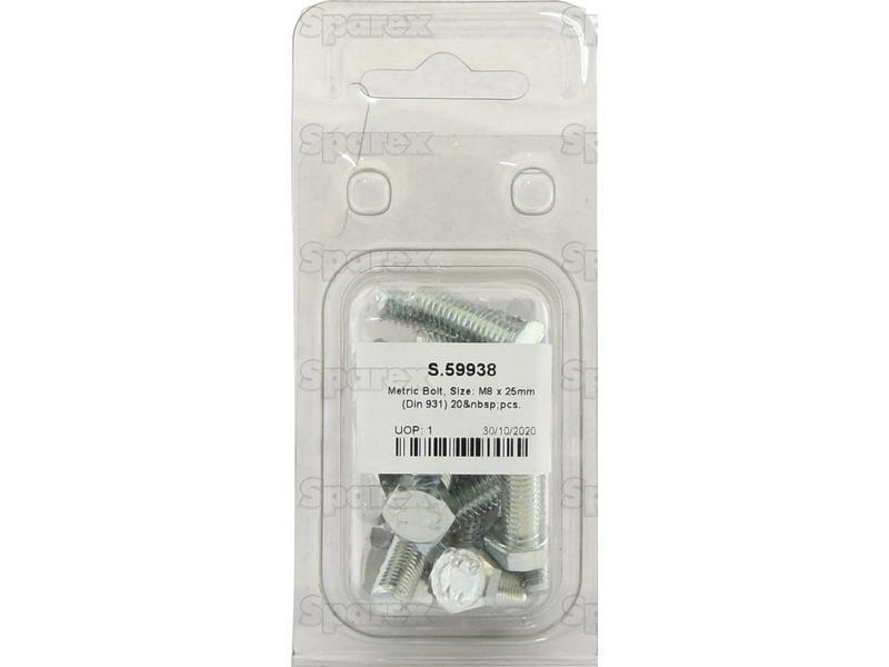 Metric Bolt, Size: M8 x 25mm (Din 931) 20 pcs. Agripak