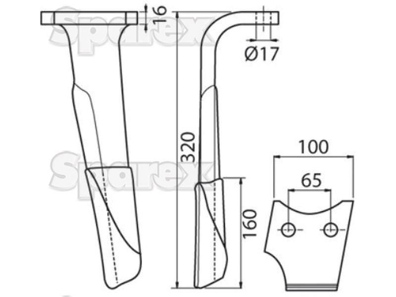 Hardfaced Power Harrow Blade 100x16x320mm LH. Hole centres: 66mm. Hole Ø 17.5mm. Replacement for Perugini (Concept-Ransome), Rabewerk. for Rabewerk VKE