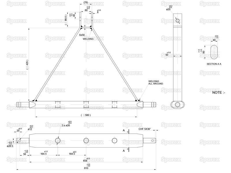 Drawbar Hitch System (Cat. 2) No. holes: 3, 770mm.