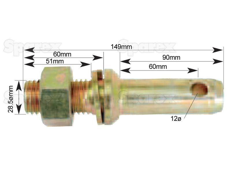 Lower link implement pin 28x149mm, Thread size 1 1/8''x51mm Cat. 2