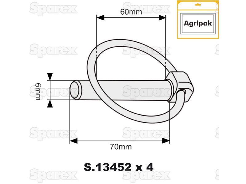 Round Linch Pin, Pin Ø6mm x 70mm (4 pcs. Agripak)