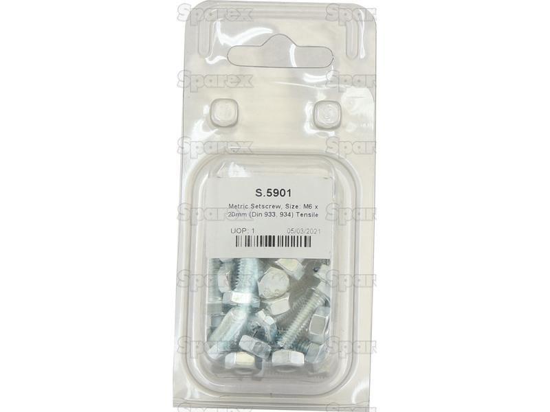 Metric Setscrew, Size: M6 x 20mm (Din 933, 934) Tensile strength: 8.8.