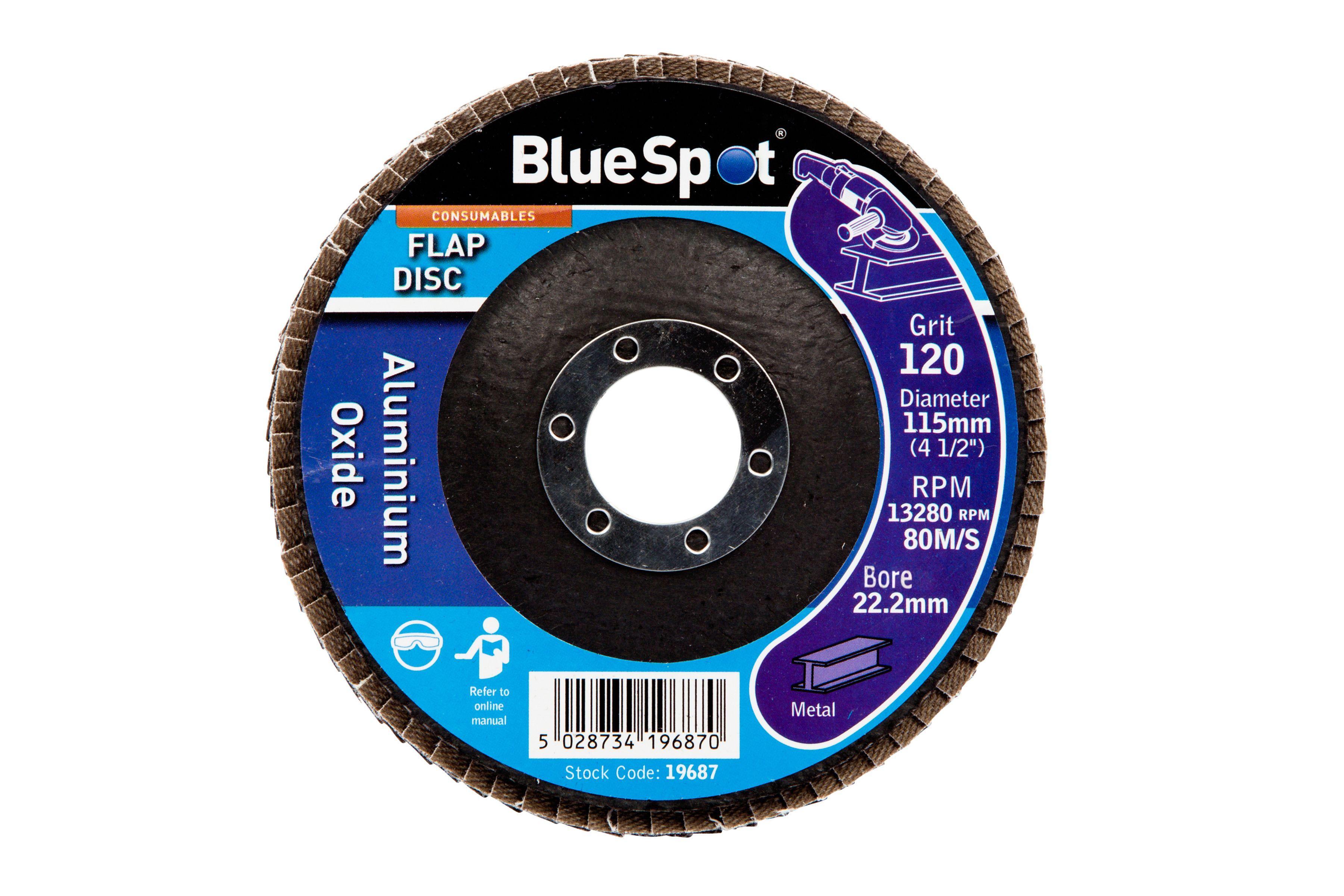 Blue Spot Tools 115mm (4.5") 120 Grit Aluminium Oxide Flap Disc (Header Card)