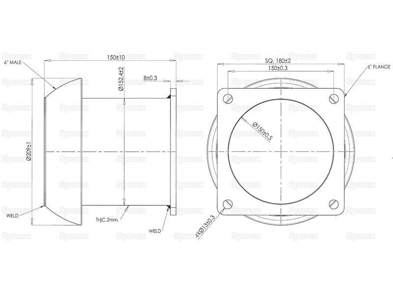 Coupling with Square Flange - Male 6'' (159mm) x (150mm) (Galvanised)