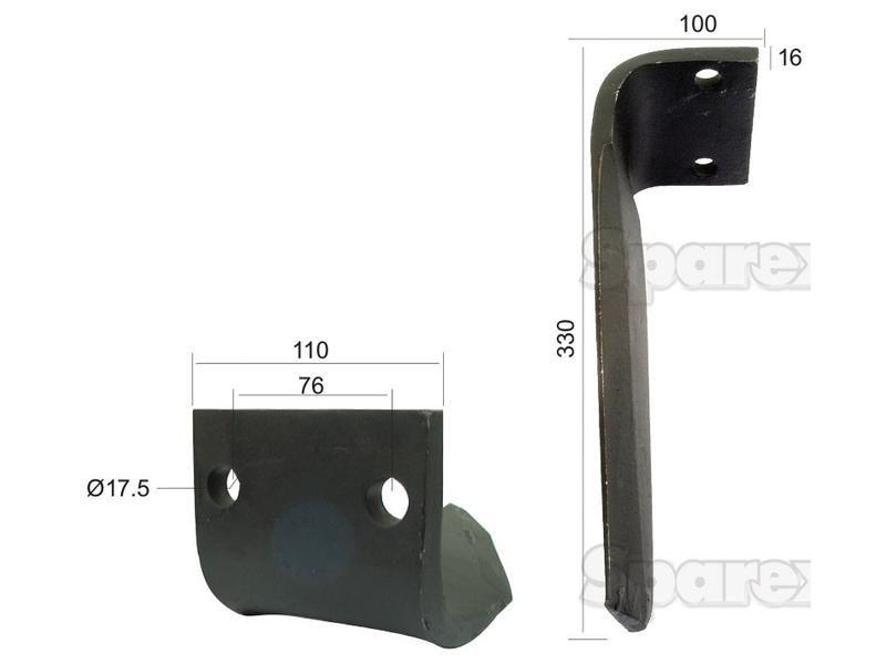 Power Harrow Blade 110x16x330mm LH. Hole centres: 76mm. Hole Ø 17.5mm. Replacement forDowdeswell. for Dowdeswell VARIOUS