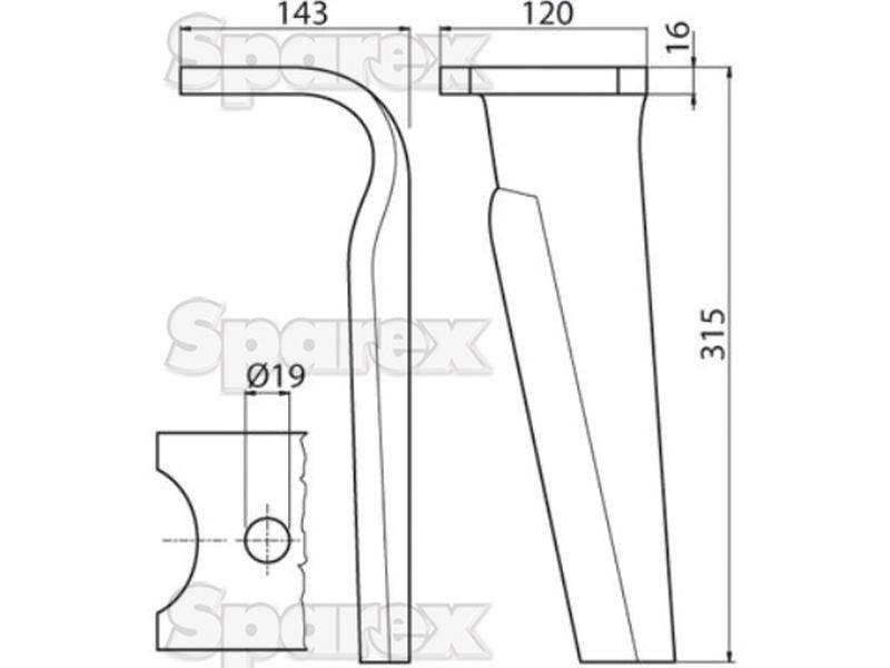Power Harrow Blade 120x16x315mm LH. Hole centres: mm. Hole Ø 19mm. Replacement forKuhn. for Kuhn VARIOUS