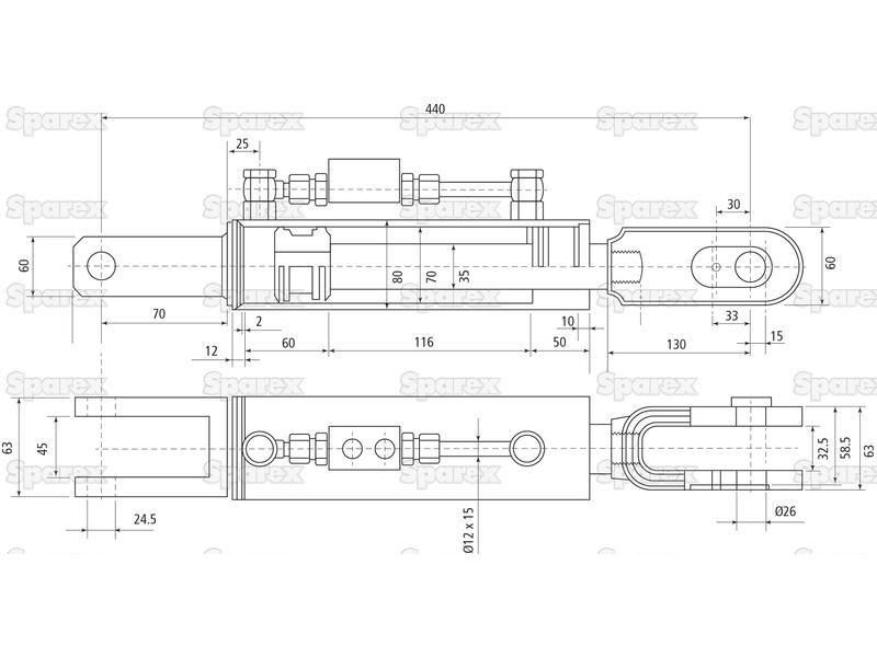 Hydraulic Levelling Box (Supplied with: Hoses), Min. Length: 440mm, Cylinder Bore: 63mm. for Massey Ferguson (ACP0411680, VA339036)