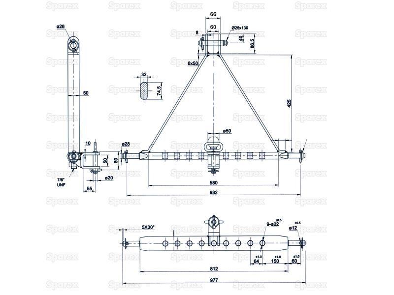 Drawbar Hitch System (Cat. 2) No. holes: 9, 932mm.