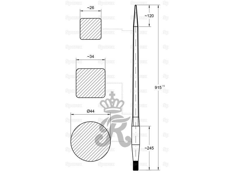 Loader Tine - Straight 915mm, Thread size: M28 x 1.5 (Square)